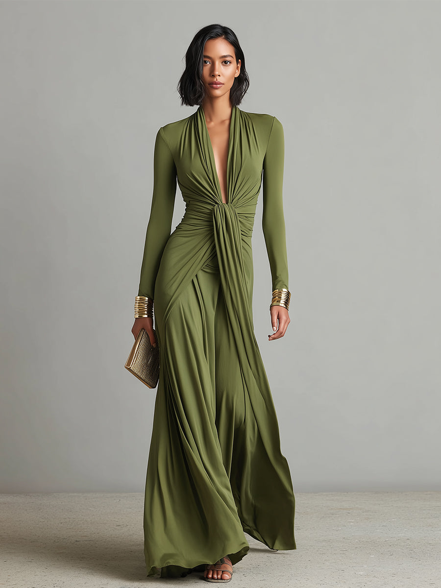 Vestido maxi de seda color oliva con escote en V