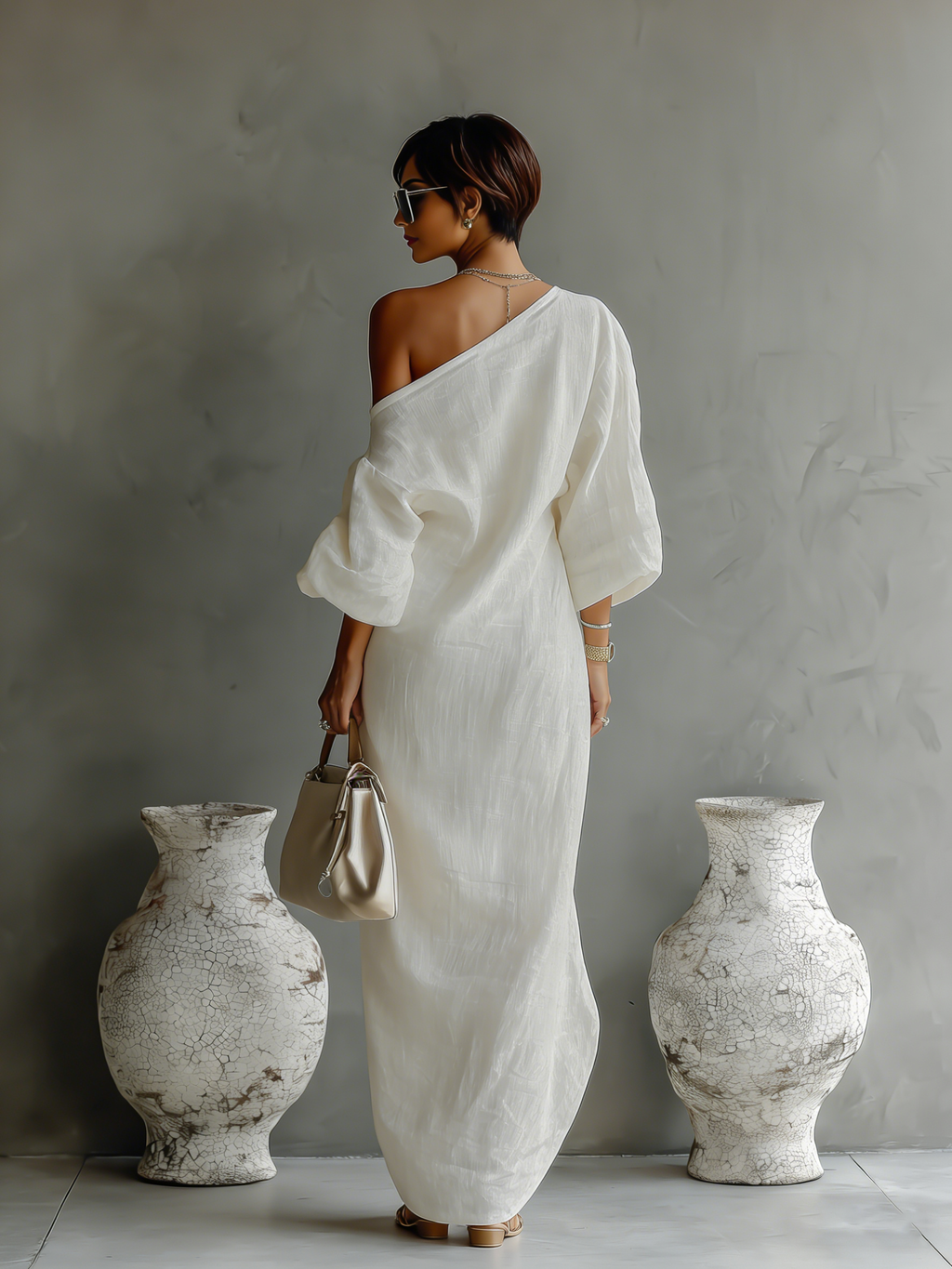 Vestido de lino marfil sin hombros