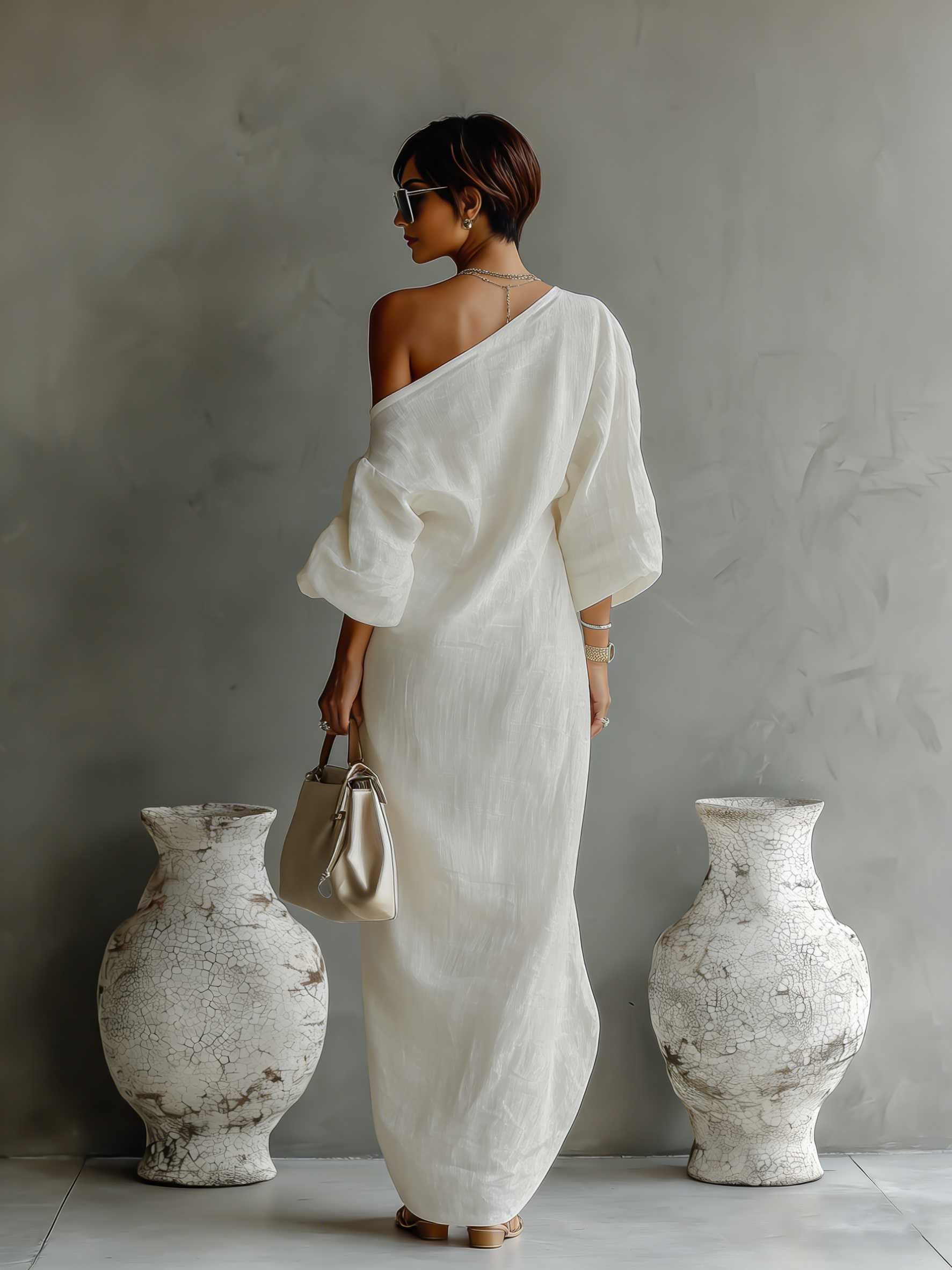Vestido de lino marfil sin hombros
