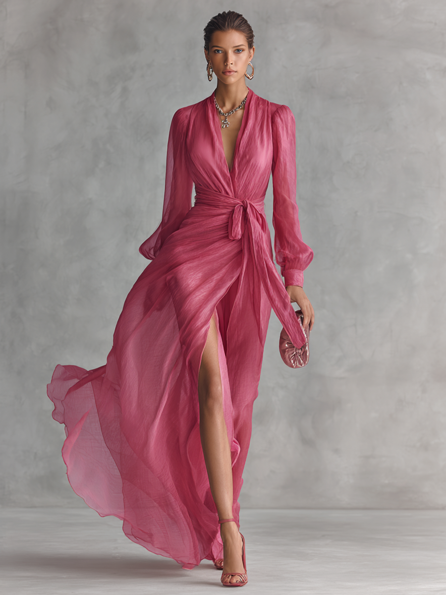 Vestido rosa de chifón con escote en V