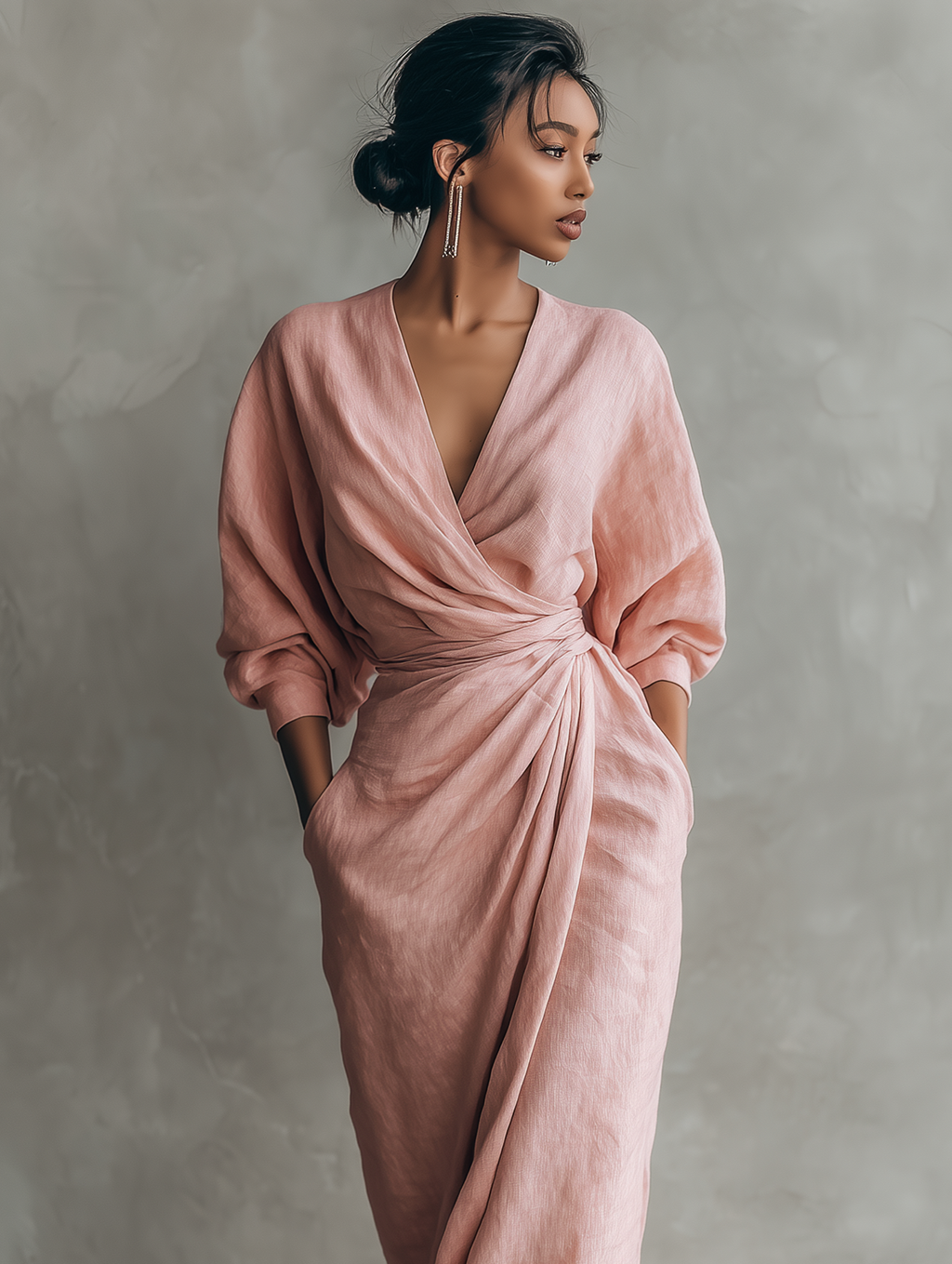 Vestido maxi de lino rosa con escote en V