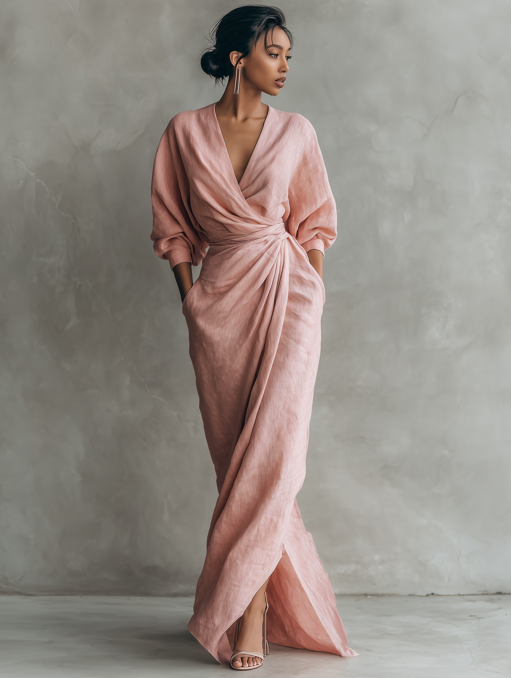 Vestido maxi de lino rosa con escote en V