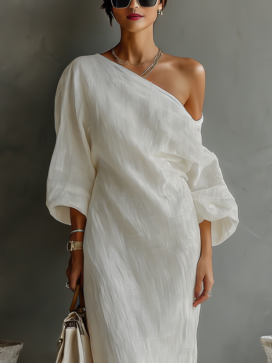 Vestido de lino marfil sin hombros