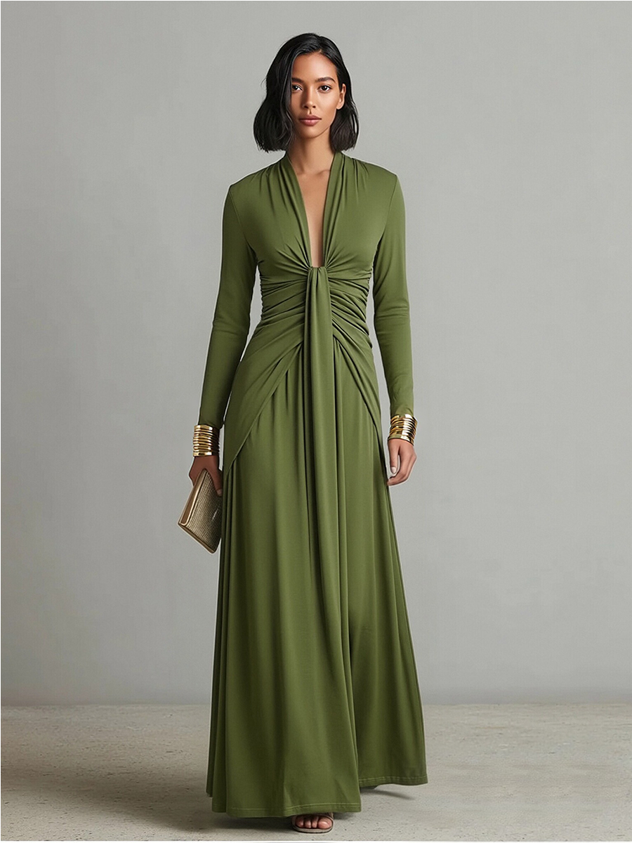 Vestido maxi de seda color oliva con escote en V