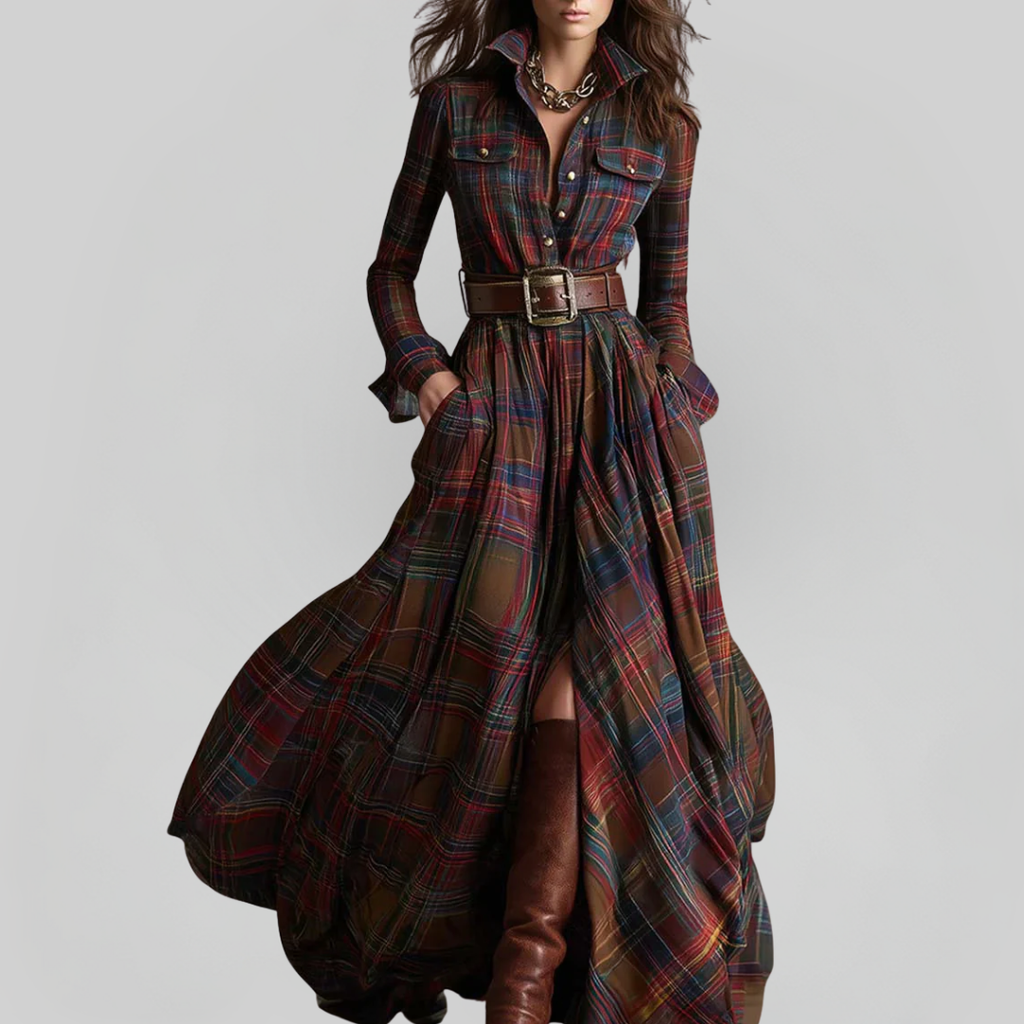 BEATRIZ | Vestido Largo A Cuadros Con Cinturón