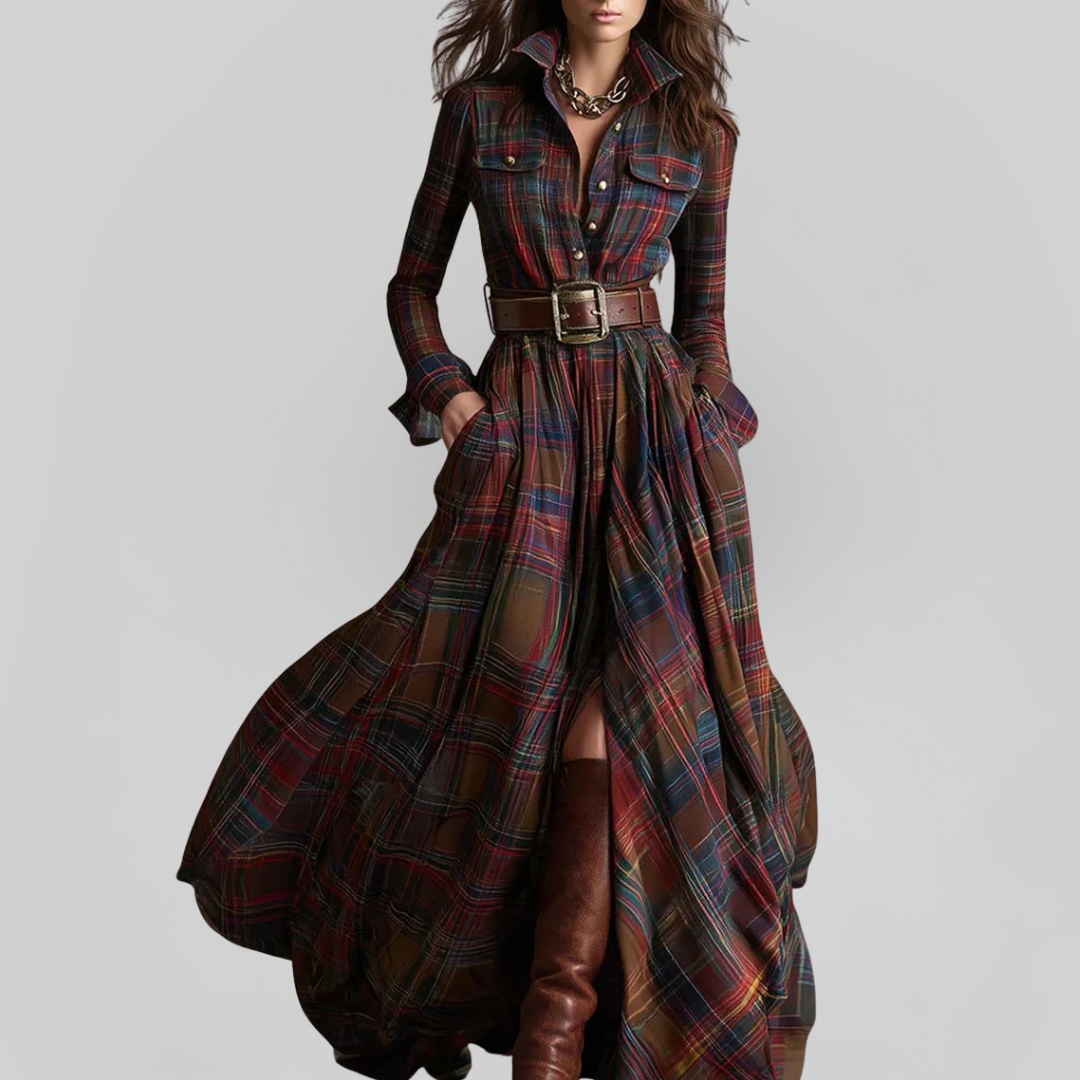 BEATRIZ | Vestido Largo A Cuadros Con Cinturón