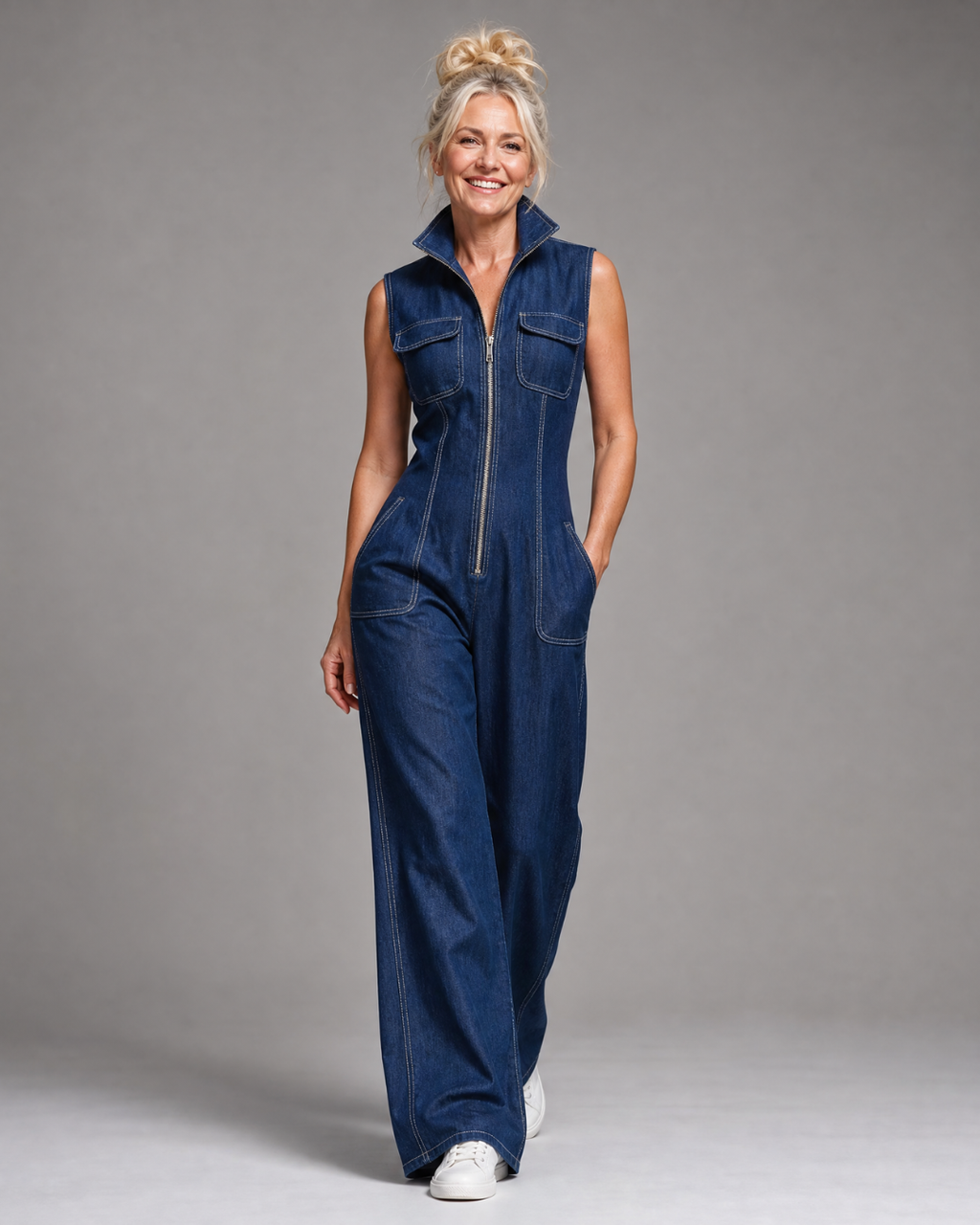 Samantha | Mono de denim sin mangas con cremallera frontal y pierna ancha