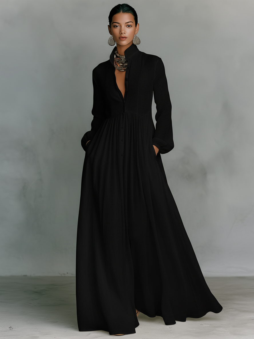 Vestido maxi patchwork de lino con cuello alto
