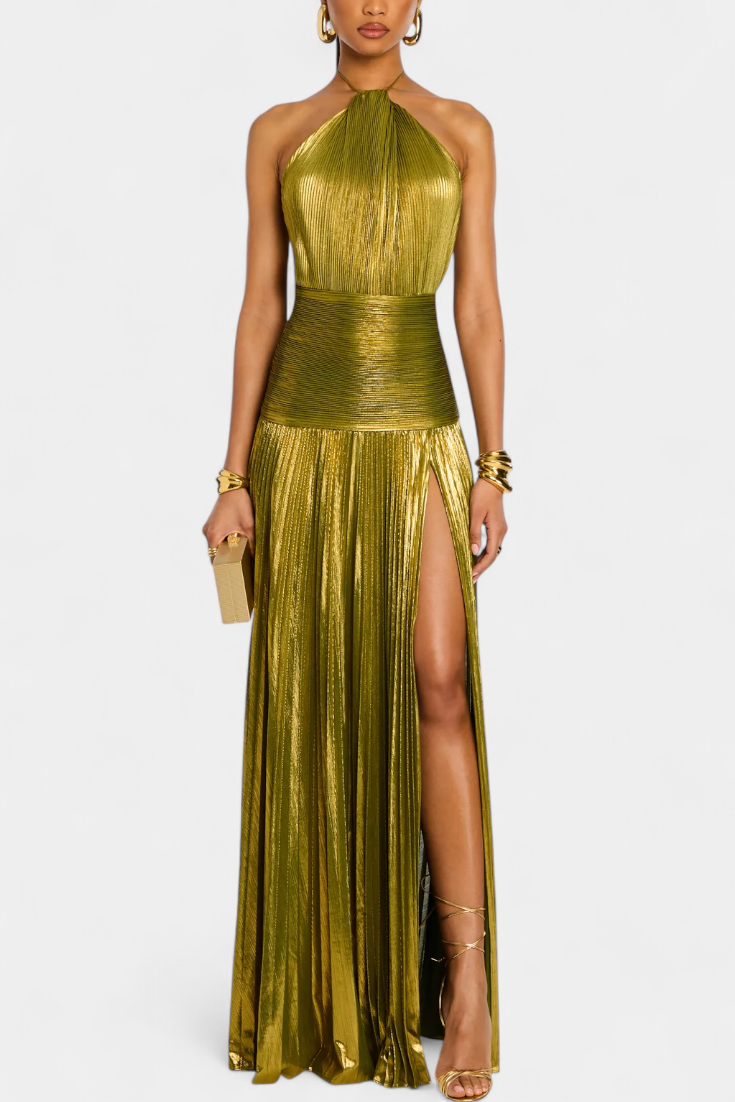 Emma | Vestido halter de espalda descubierta metalizado