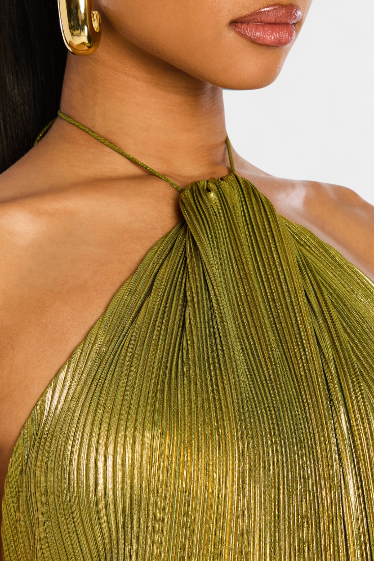 Emma | Vestido halter de espalda descubierta metalizado