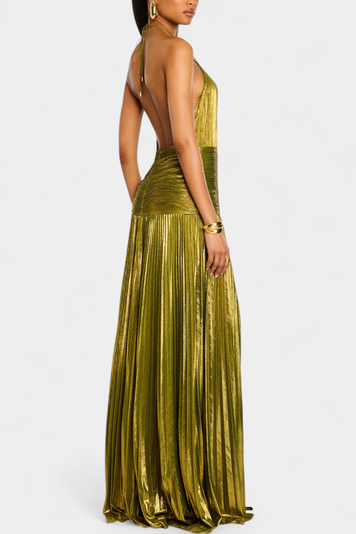 Emma | Vestido halter de espalda descubierta metalizado