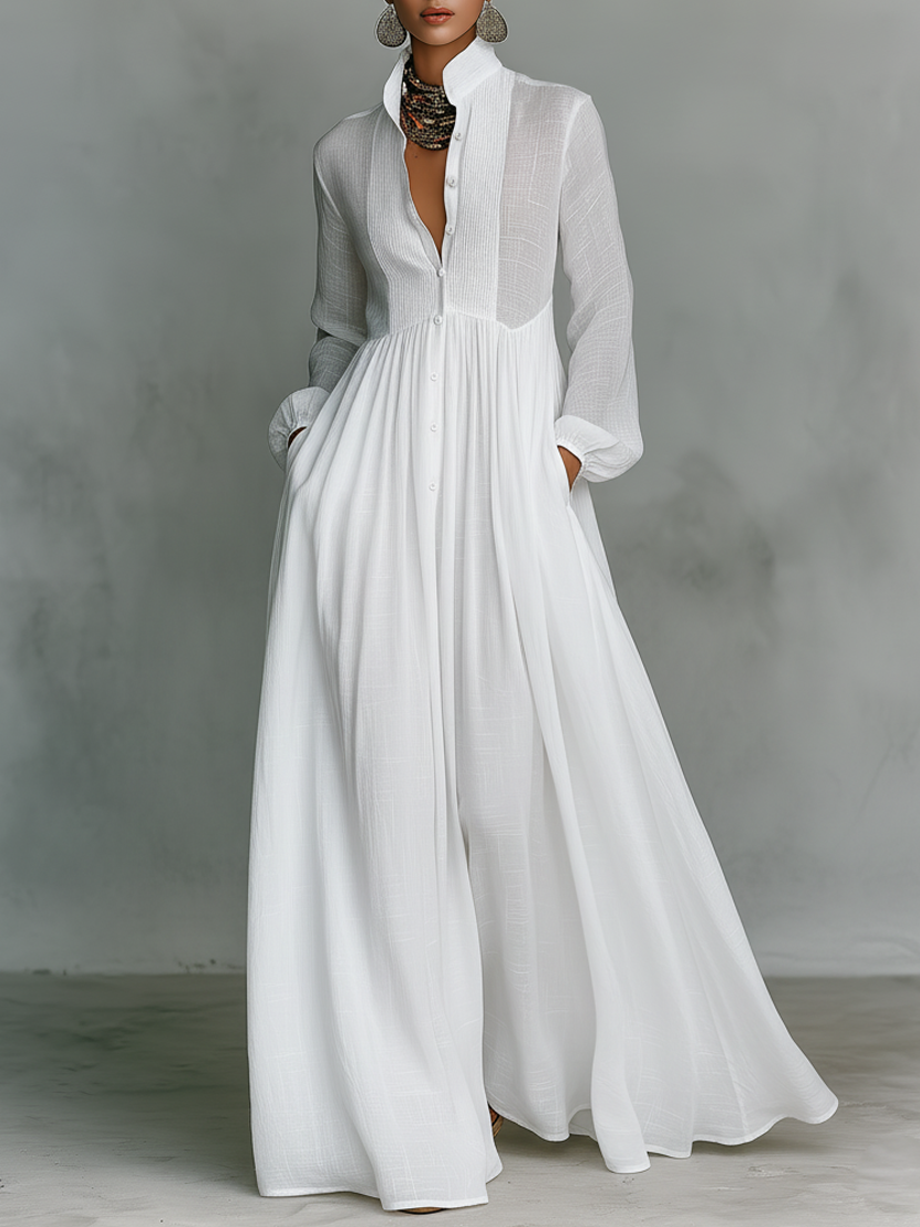 Vestido maxi patchwork de lino con cuello alto