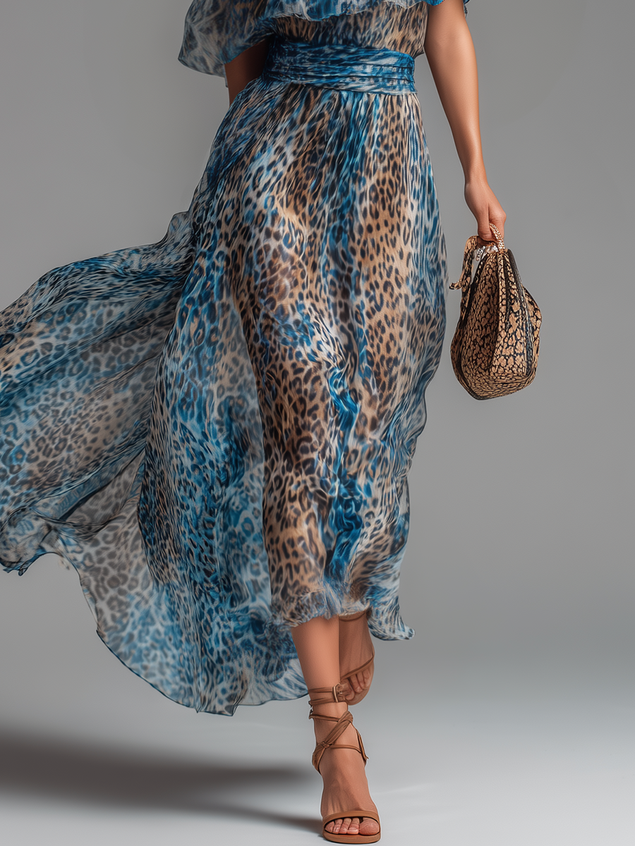 Wild - Vestido largo de chiffón con estampado de leopardo y hombros descubiertos