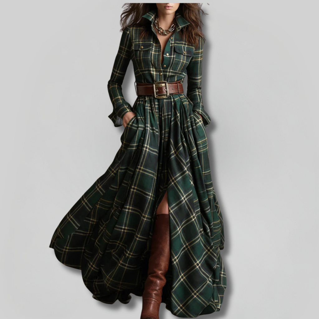 BEATRIZ | Vestido Largo A Cuadros Con Cinturón