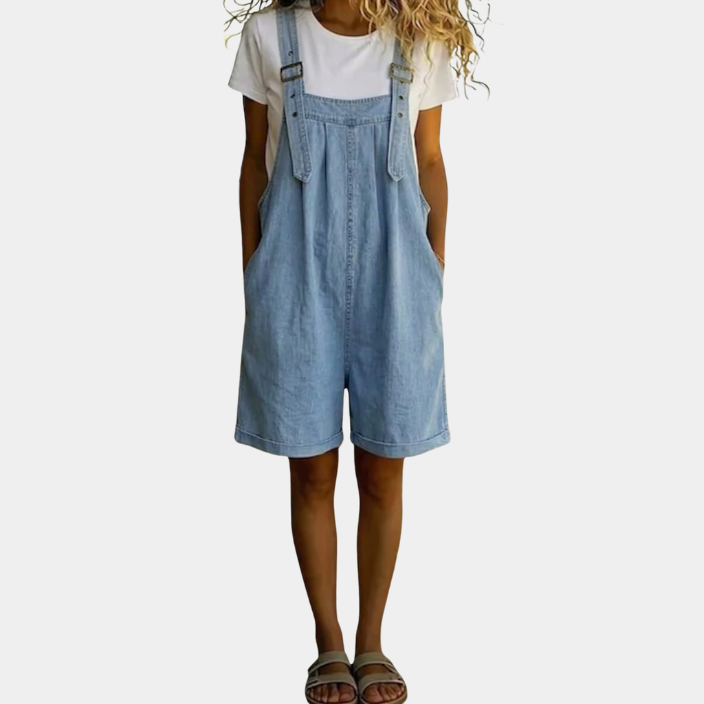 Saylor | Overol corto de denim lavado vintage suave, azul claro
