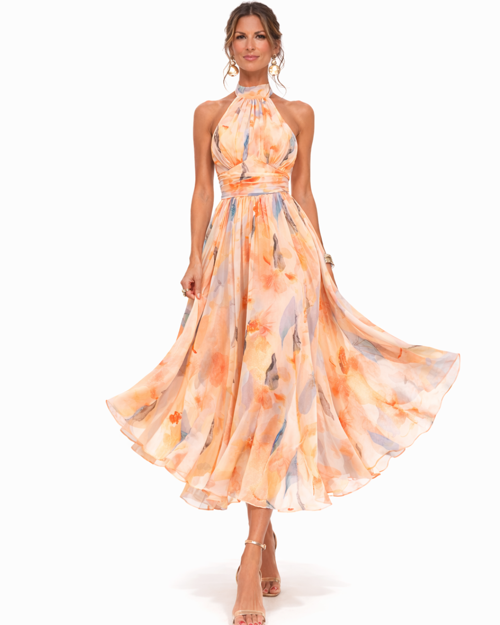 Dolores | Abito lungo fluido con scollo all'halter e stampa artistica