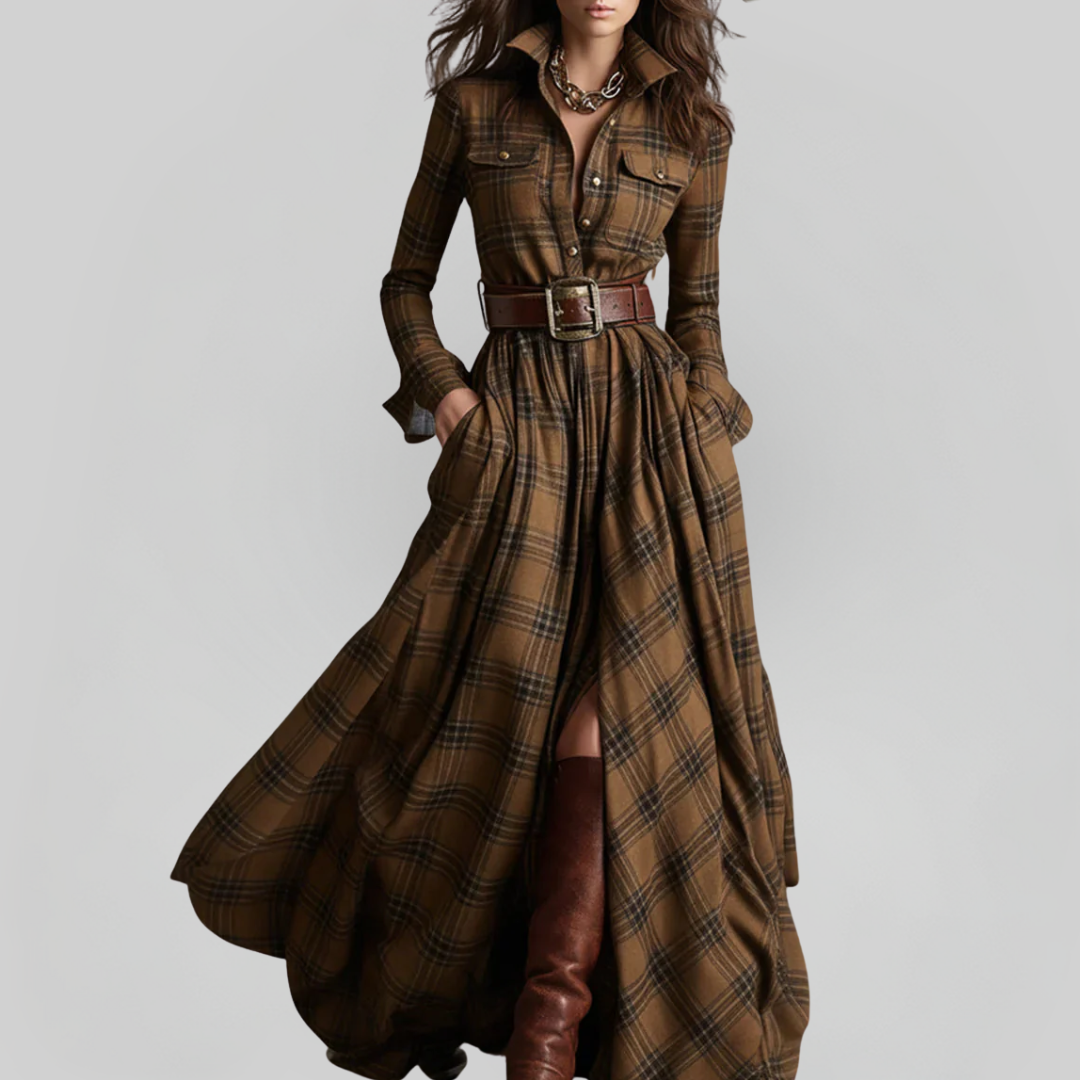 BEATRIZ | Vestido Largo A Cuadros Con Cinturón