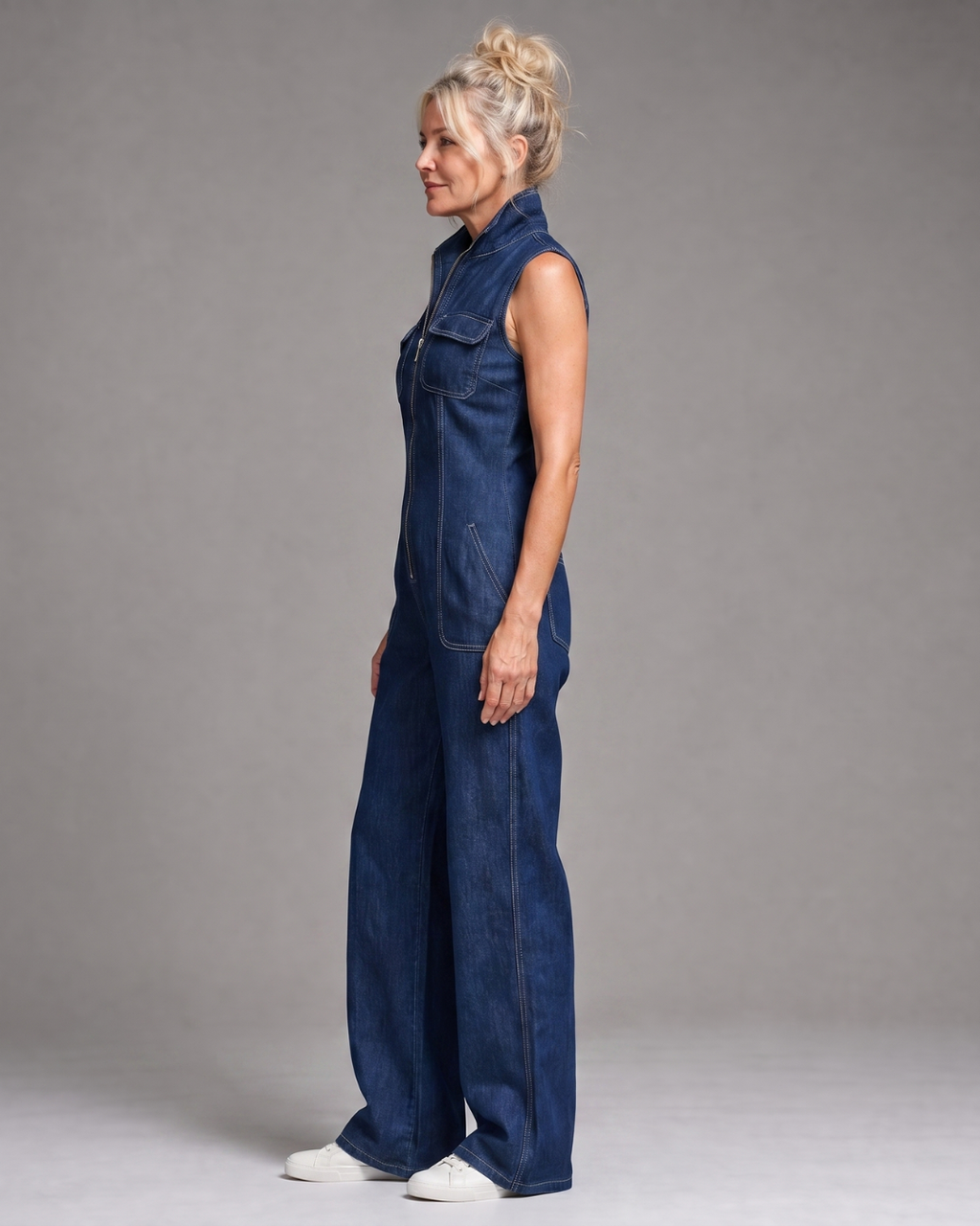 Samantha | Mono de denim sin mangas con cremallera frontal y pierna ancha