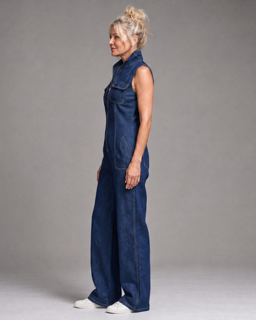 Samantha | Mono de denim sin mangas con cremallera frontal y pierna ancha