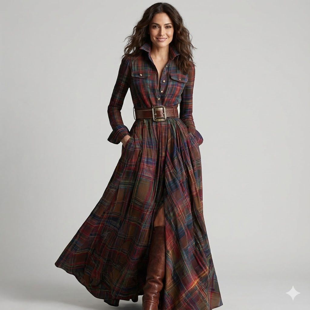 BEATRIZ | Vestido Largo A Cuadros Con Cinturón