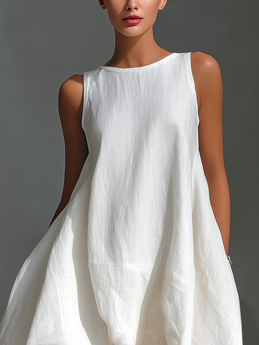 Elena | Vestito midi in lino bianco con taglio asimmetrico