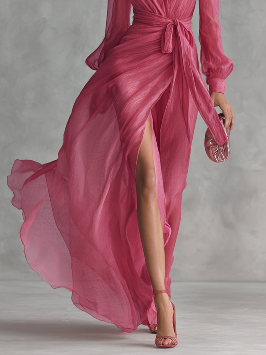 Vestido rosa de chifón con escote en V