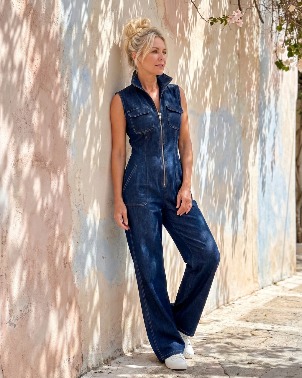 Samantha | Mono de denim sin mangas con cremallera frontal y pierna ancha