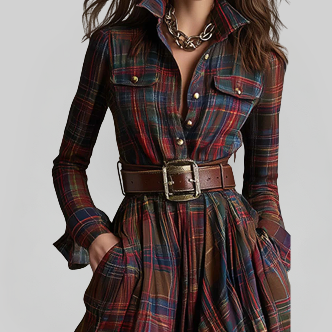 BEATRIZ | Vestido Largo A Cuadros Con Cinturón