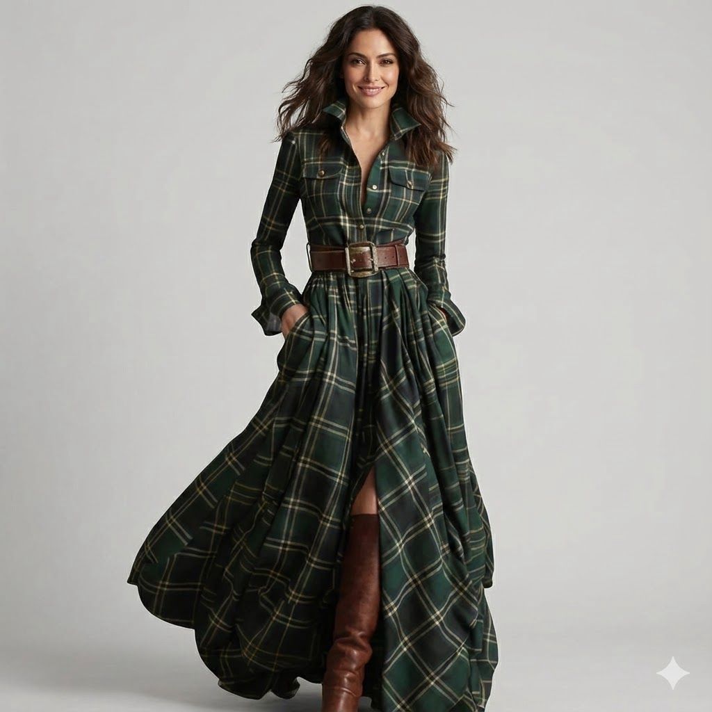 BEATRIZ | Vestido Largo A Cuadros Con Cinturón