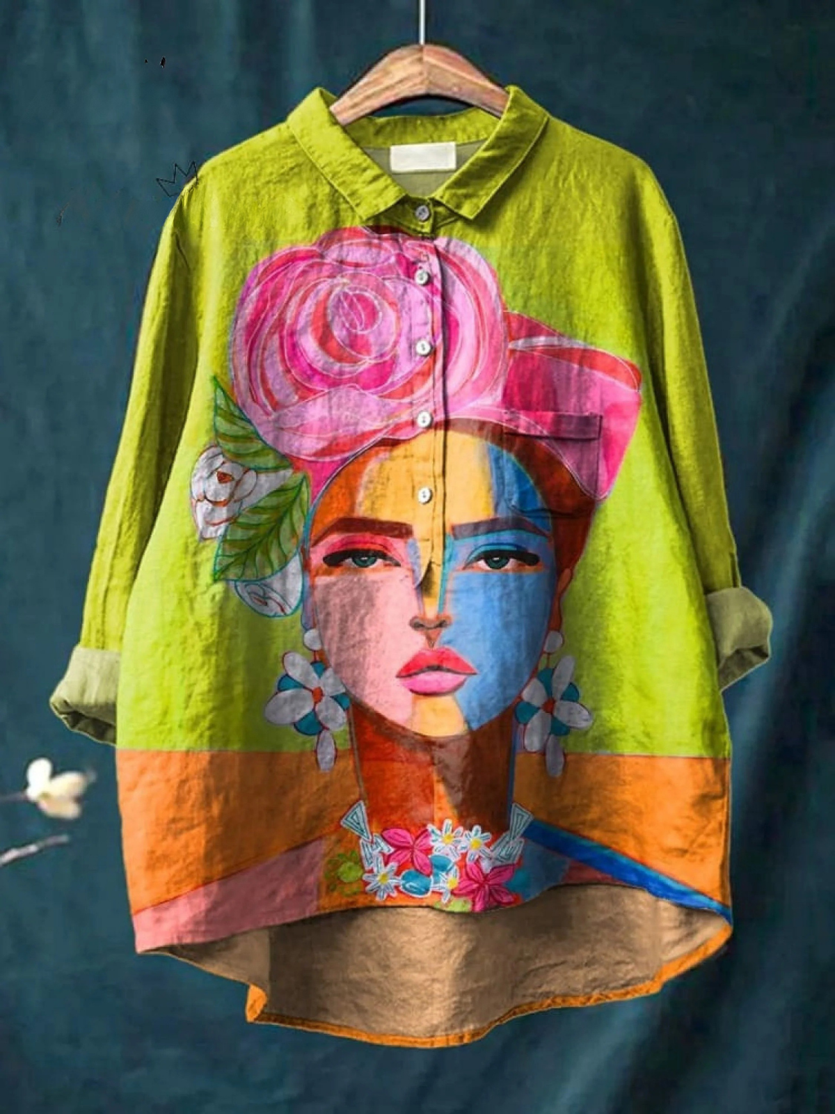 Ámbar | Pintura al óleo Retrato de Freda – Arte impreso para camisa casual de mujer