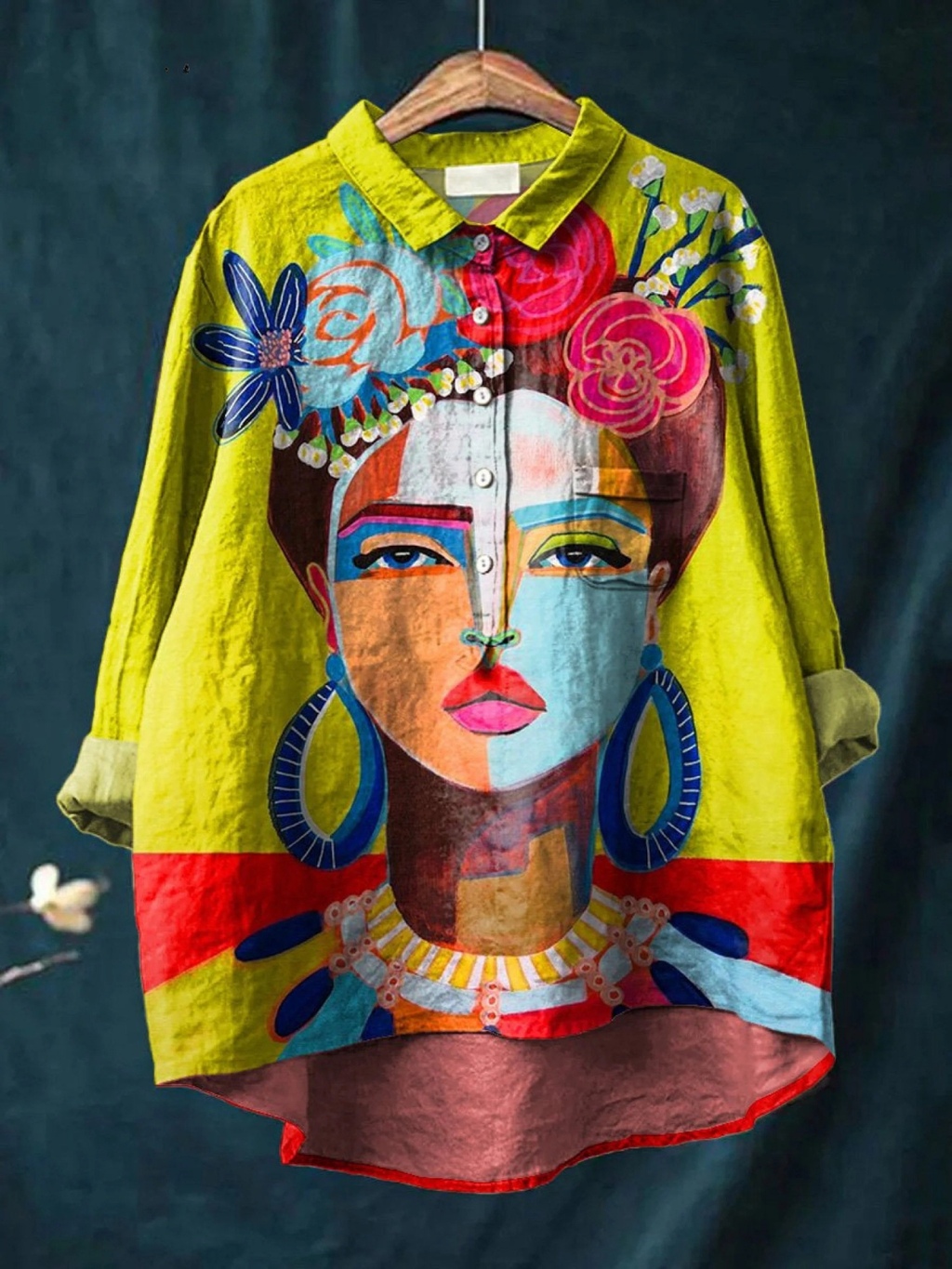 Ámbar | Pintura al óleo Retrato de Freda – Arte impreso para camisa casual de mujer