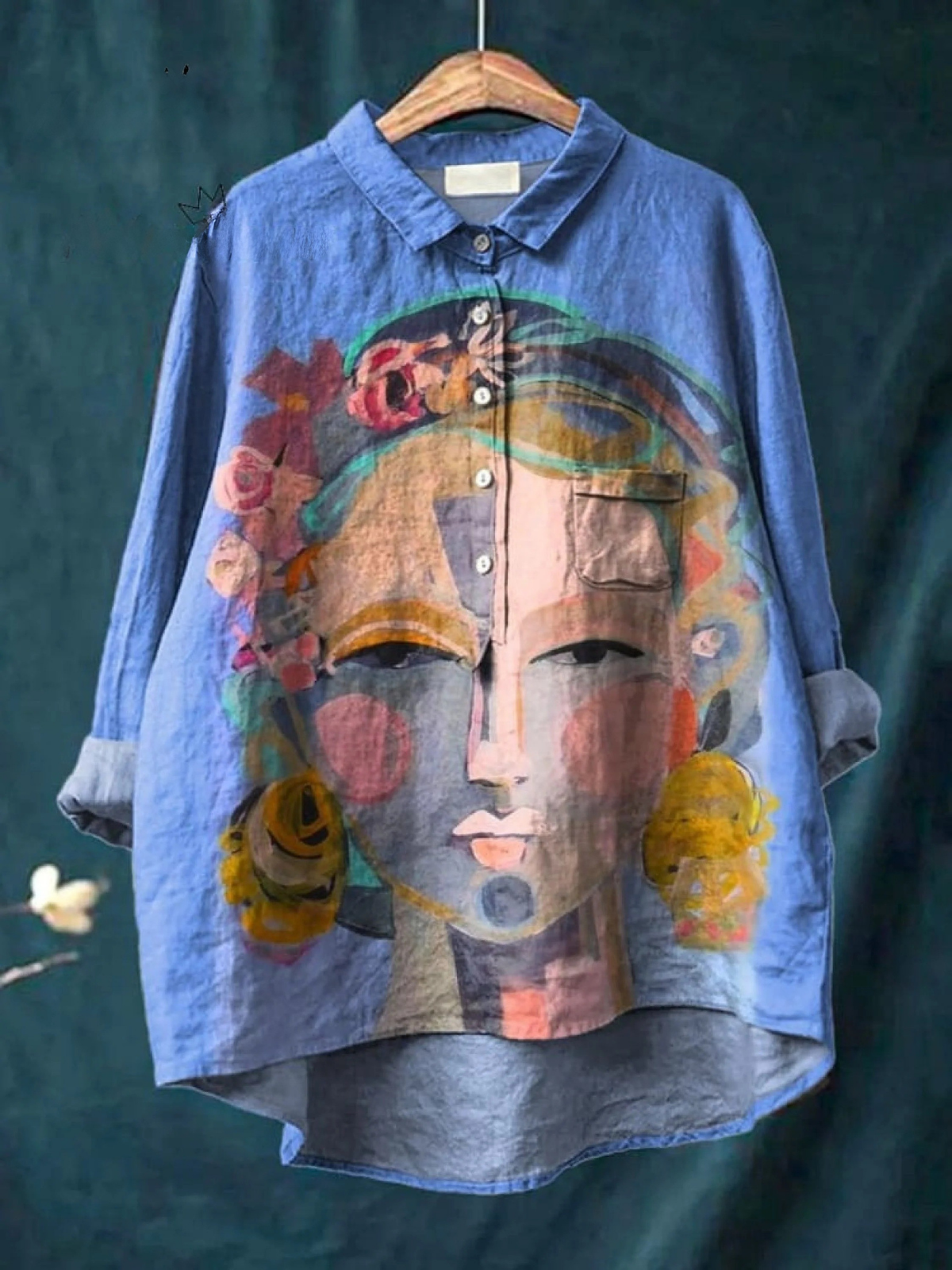 Ámbar | Pintura al óleo Retrato de Freda – Arte impreso para camisa casual de mujer