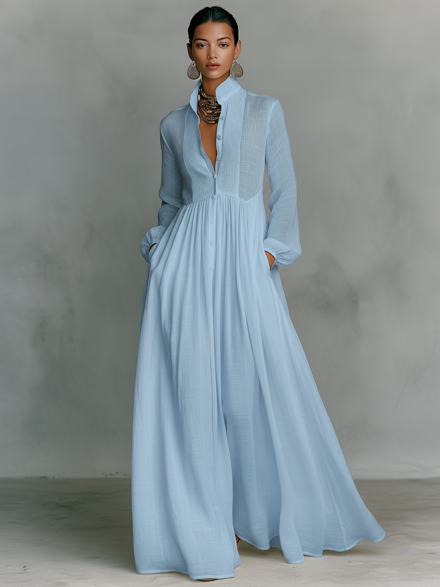 Vestido maxi patchwork de lino con cuello alto