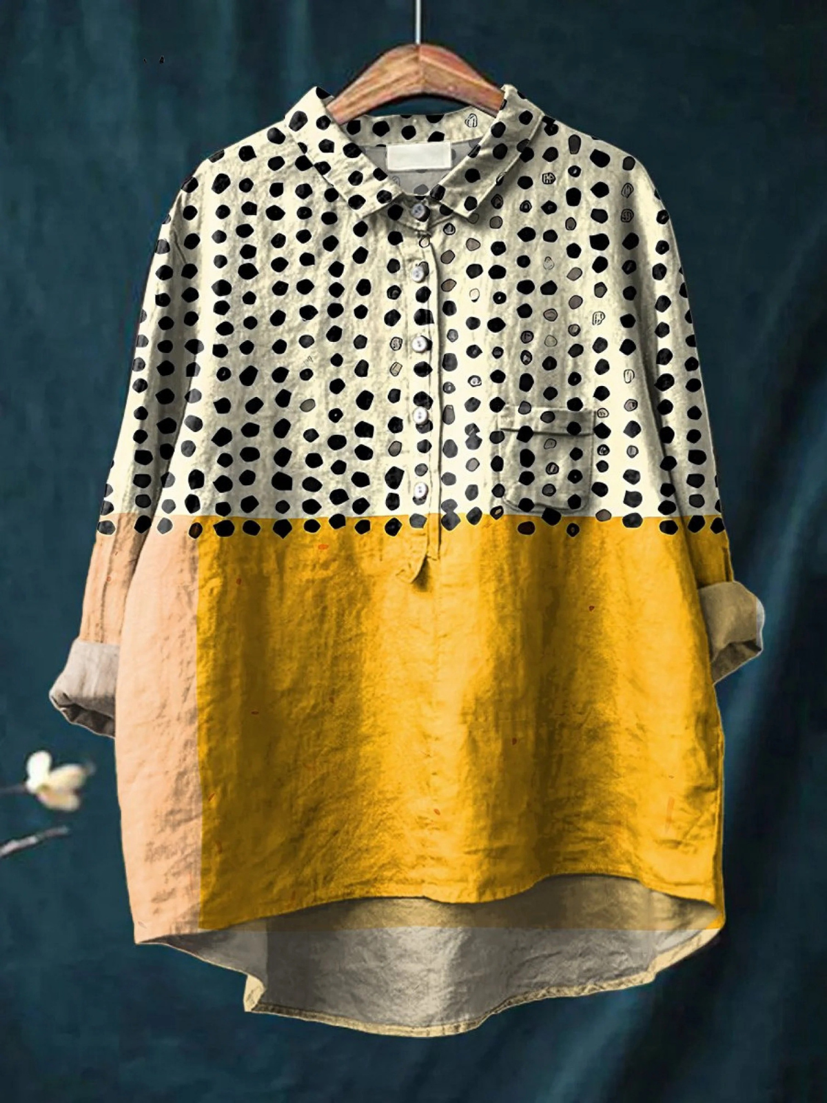 Olivia | Camisa casual para mujer con estampado de lunares en bloques de color amarillo