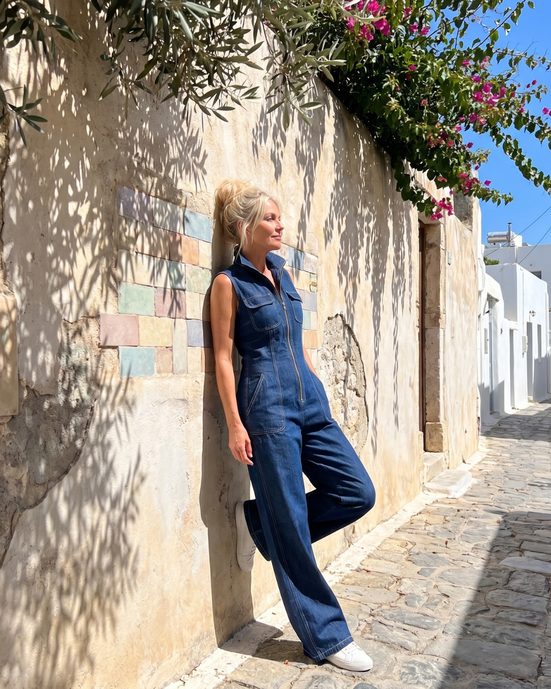 Samantha | Mono de denim sin mangas con cremallera frontal y pierna ancha