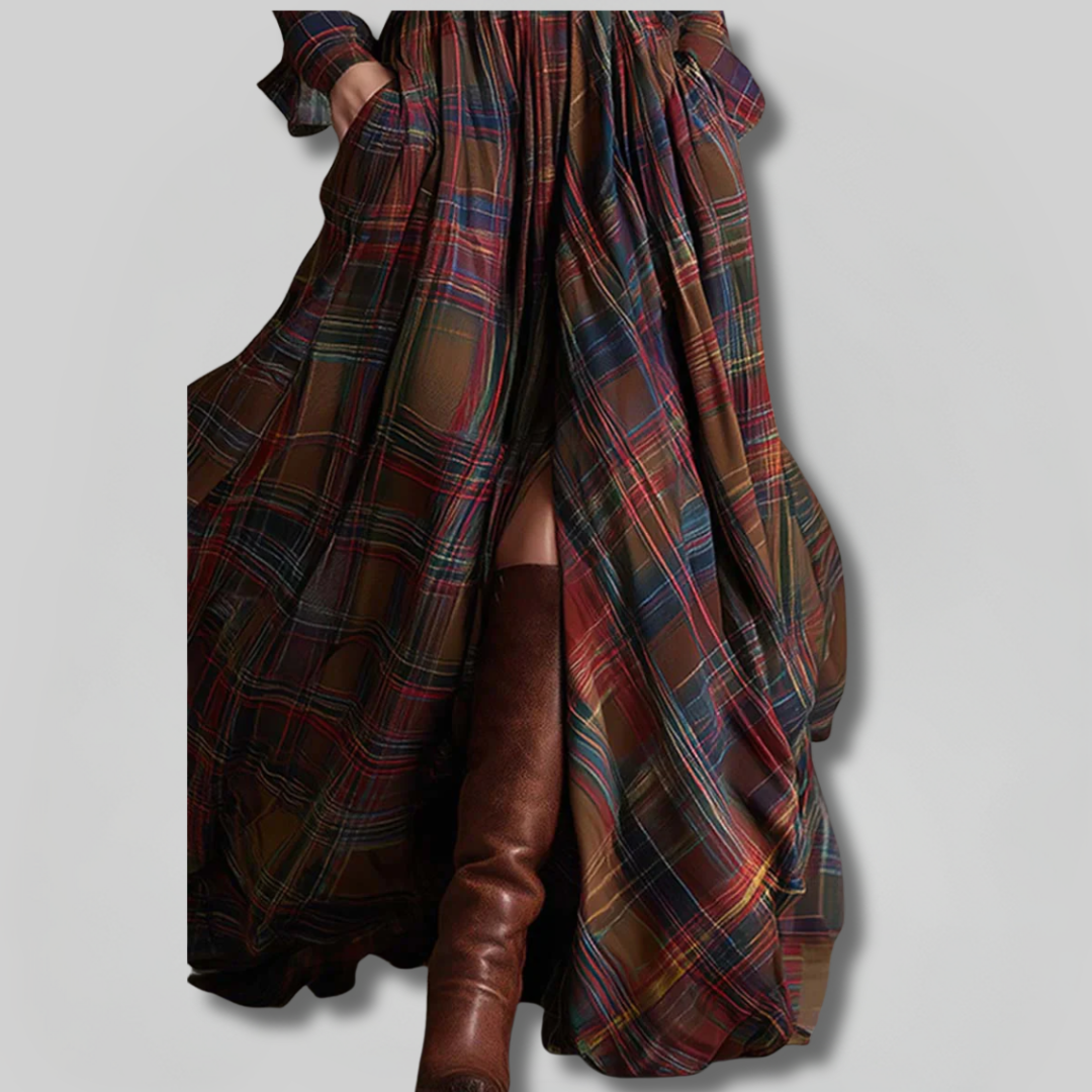 BEATRIZ | Vestido Largo A Cuadros Con Cinturón