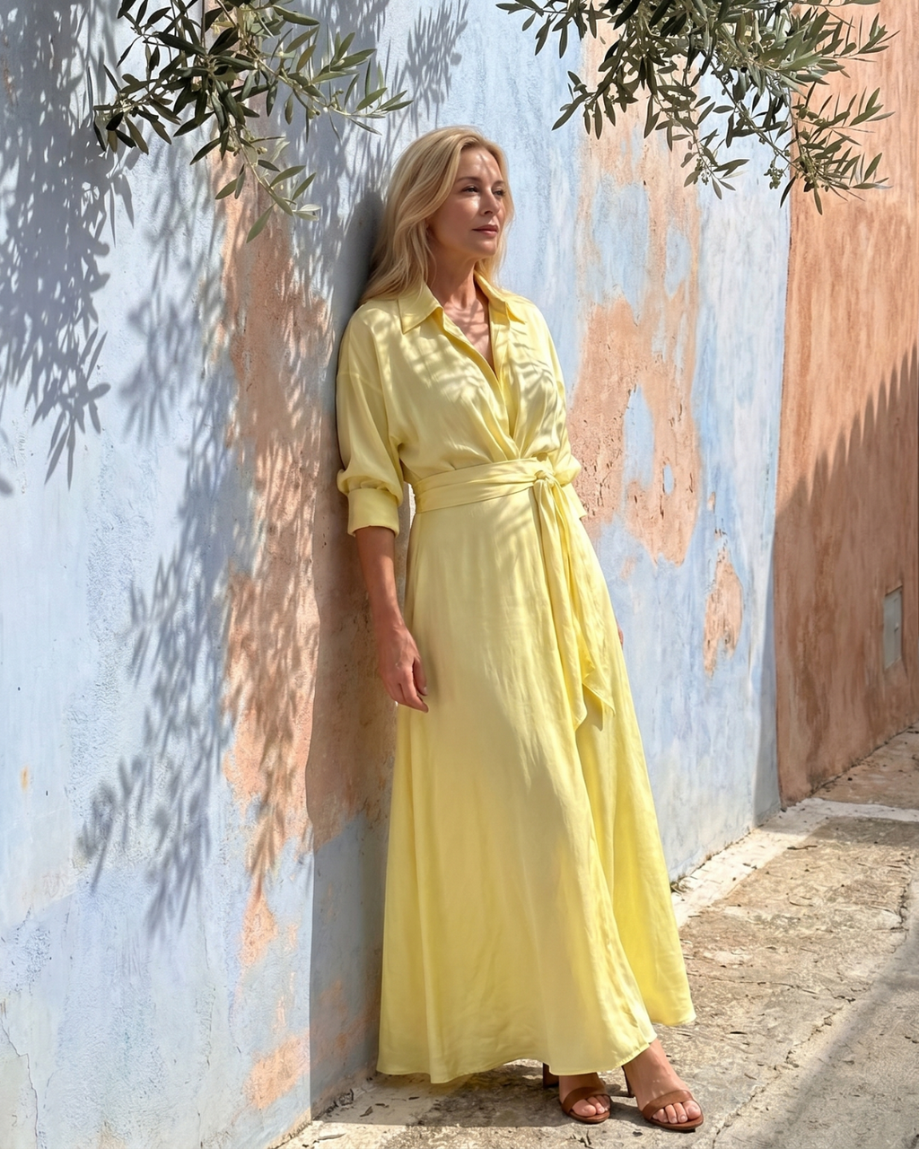 Zelith | Vestido midi fluido de manga larga con cinturón y cuello