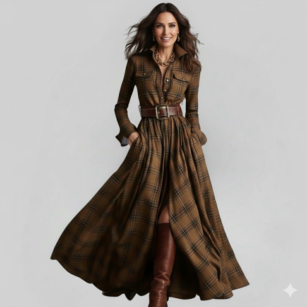 BEATRIZ | Vestido Largo A Cuadros Con Cinturón