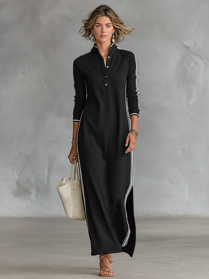 Vestido maxi de sudadera con cuello abotonado