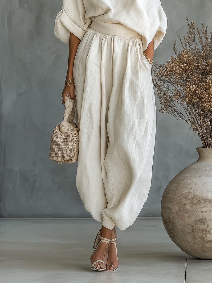 Conjunto de lino con blusa de hombros descubiertos y pantalón