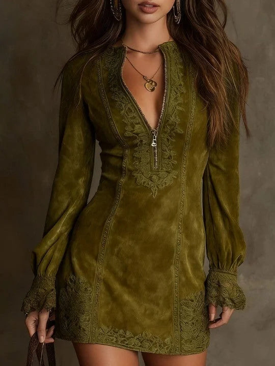 AURORA | Vestido Mini De Gamuza Con Encaje