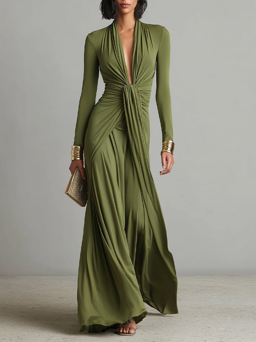 Vestido maxi de seda color oliva con escote en V