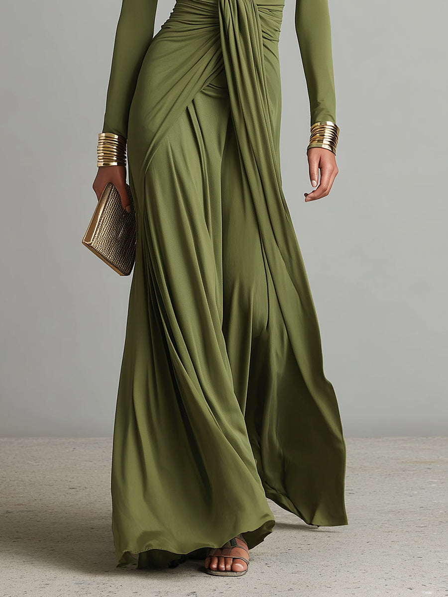 Vestido maxi de seda color oliva con escote en V
