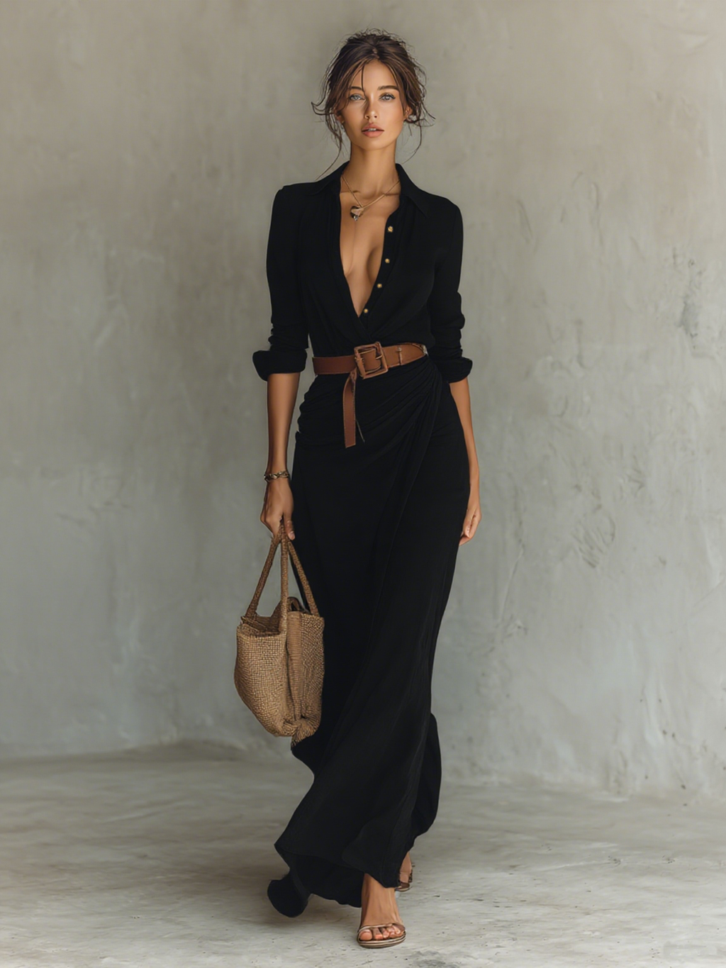 Vestido maxi con cuello tipo solapa y mangas largas