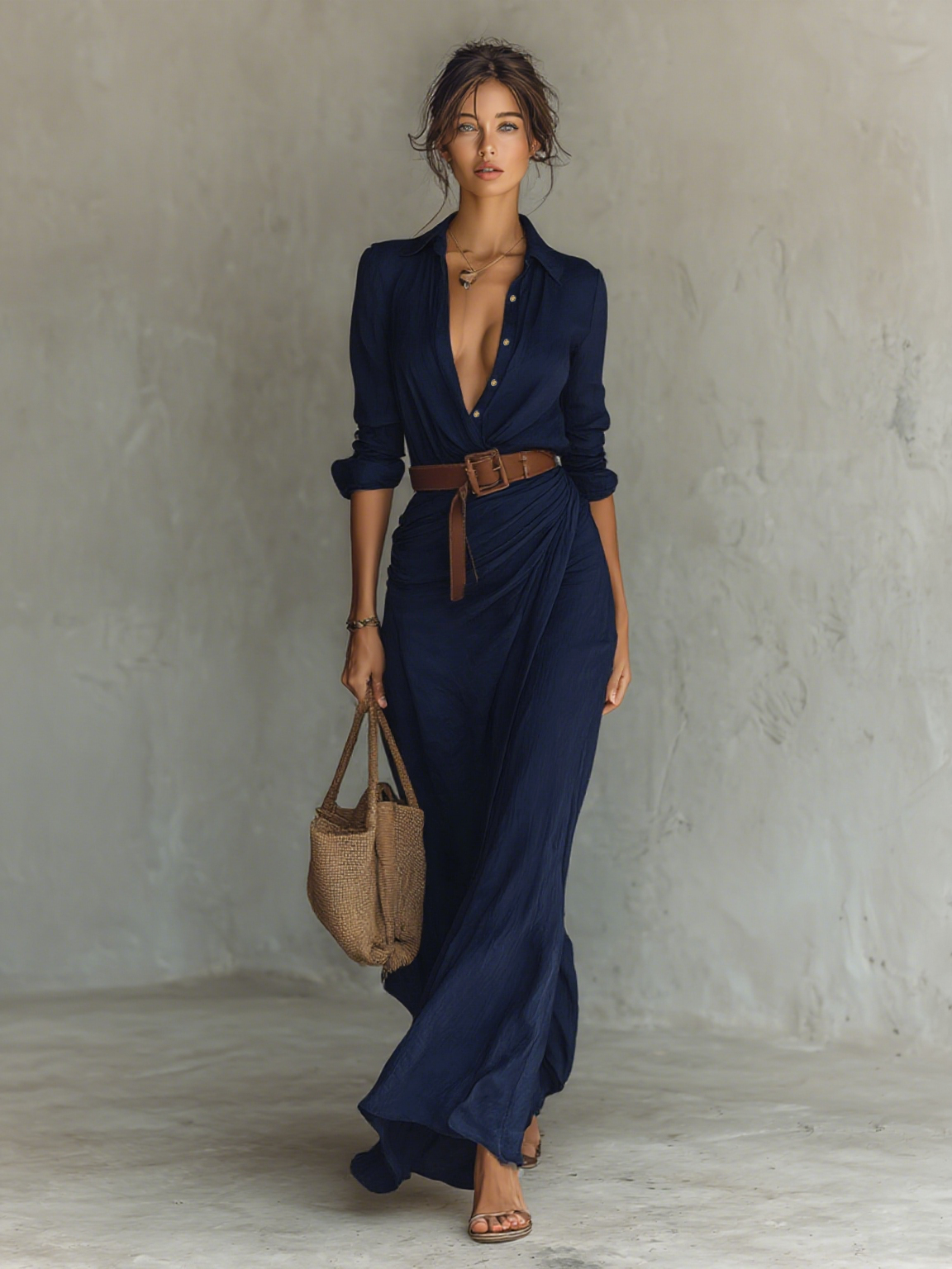 Vestido maxi con cuello tipo solapa y mangas largas
