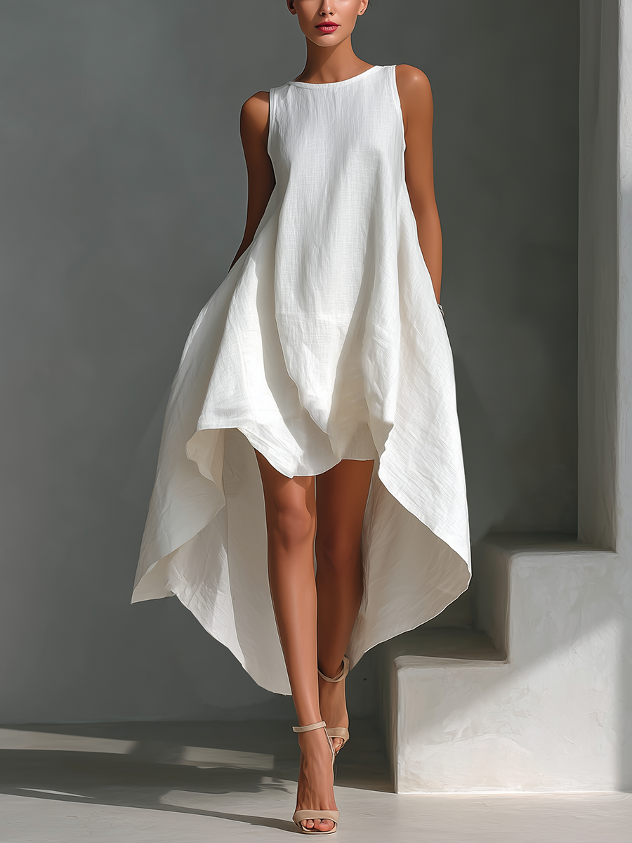 Elena | Vestito midi in lino bianco con taglio asimmetrico