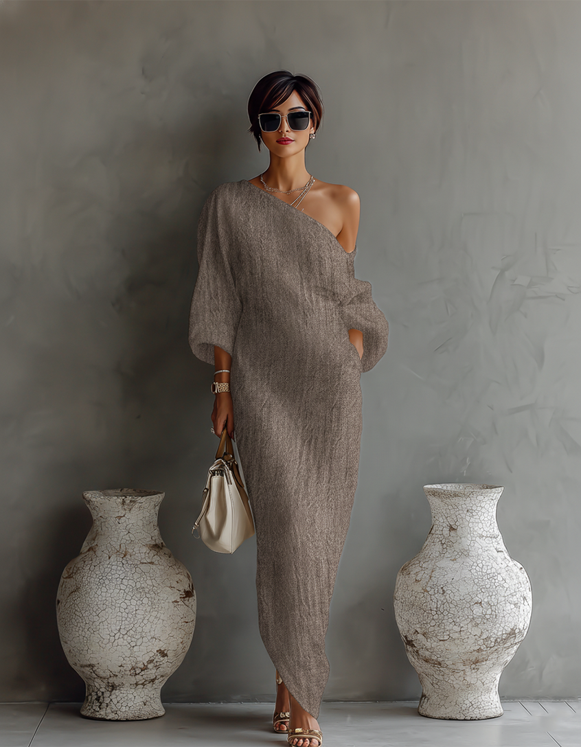 Vestido de lino marfil sin hombros