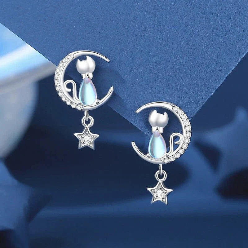 Pendientes De Gato Con Luna Y Estrella En Plata 925
