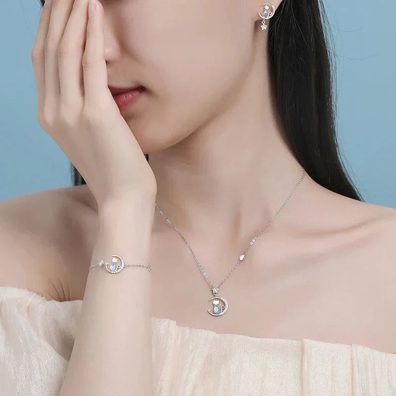 Pendientes De Gato Con Luna Y Estrella En Plata 925