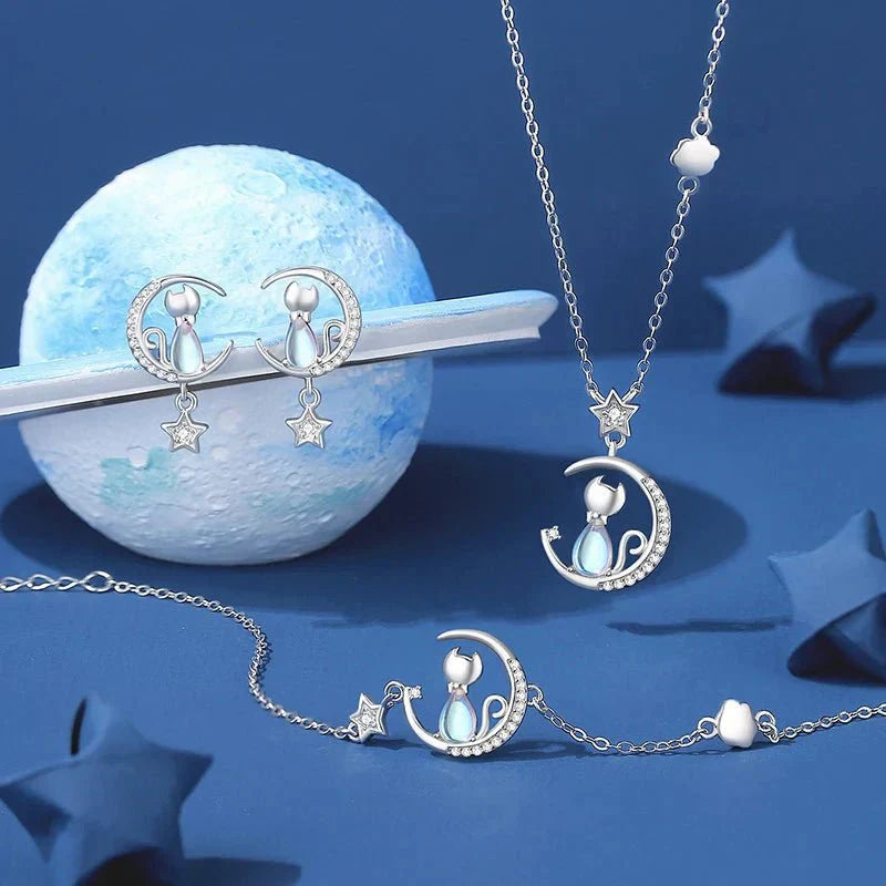 Pendientes De Gato Con Luna Y Estrella En Plata 925
